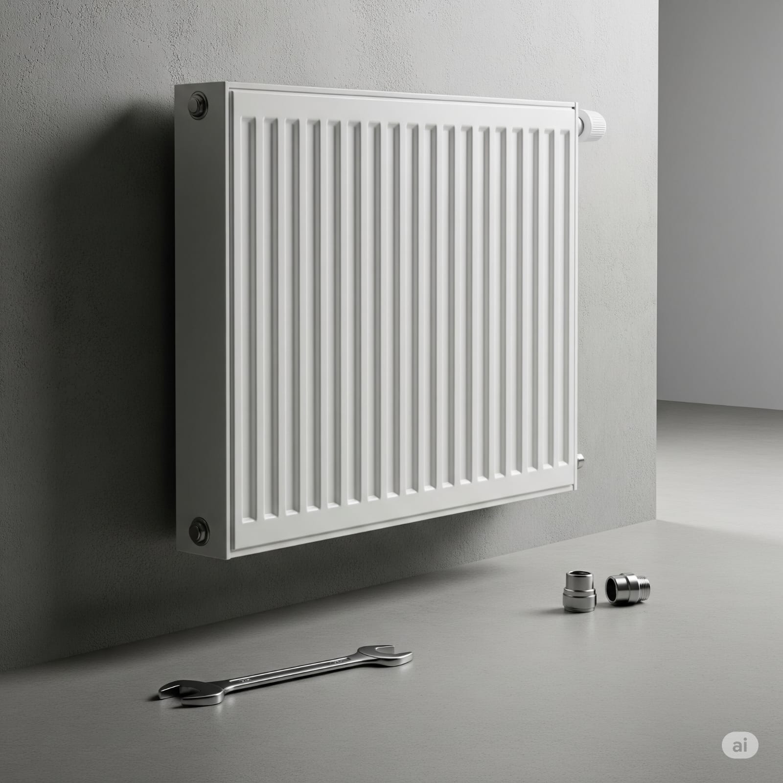 Heizkörper an einer Wand und Werkzeug am Boden