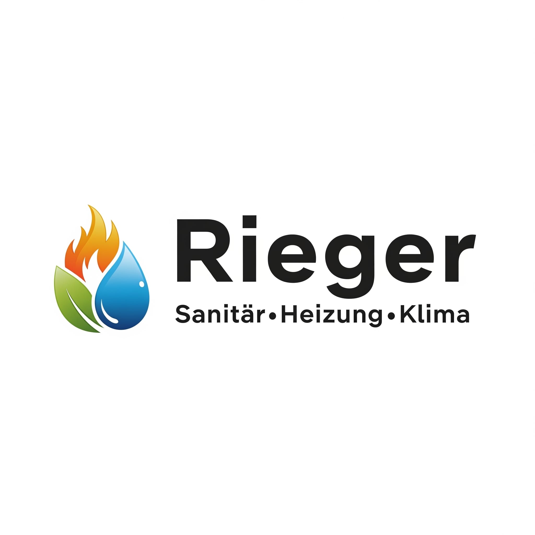 Logo Rieger Sanitaer Heizung Klima mit Flamme Tropfen und Blatt