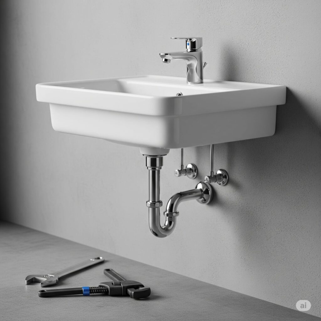 Waschbecken an einer Wand mit Werkzeug am Boden liegend